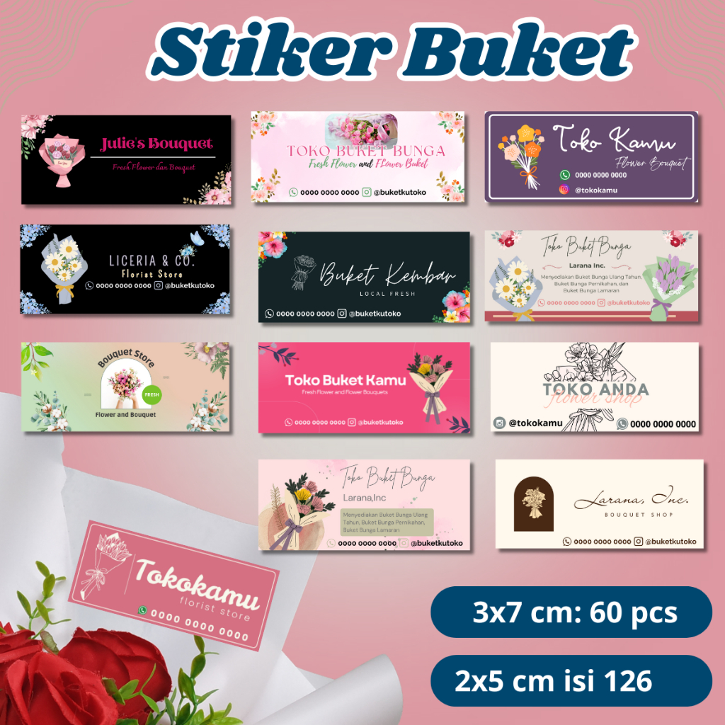 

Paket Custom Sticker Buket Bunga Isi 126 dan 60 Pcs / Cetak Sticker Flowers Bouquet Kado Hampers Chromo Vynil Free Cutting