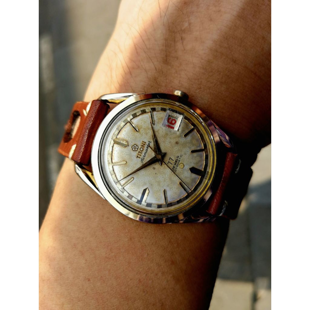 70s Vintage Titoni Airmaster 77J Rotomatic automatic Gold Plated pie pan dial gold coin medal Patina