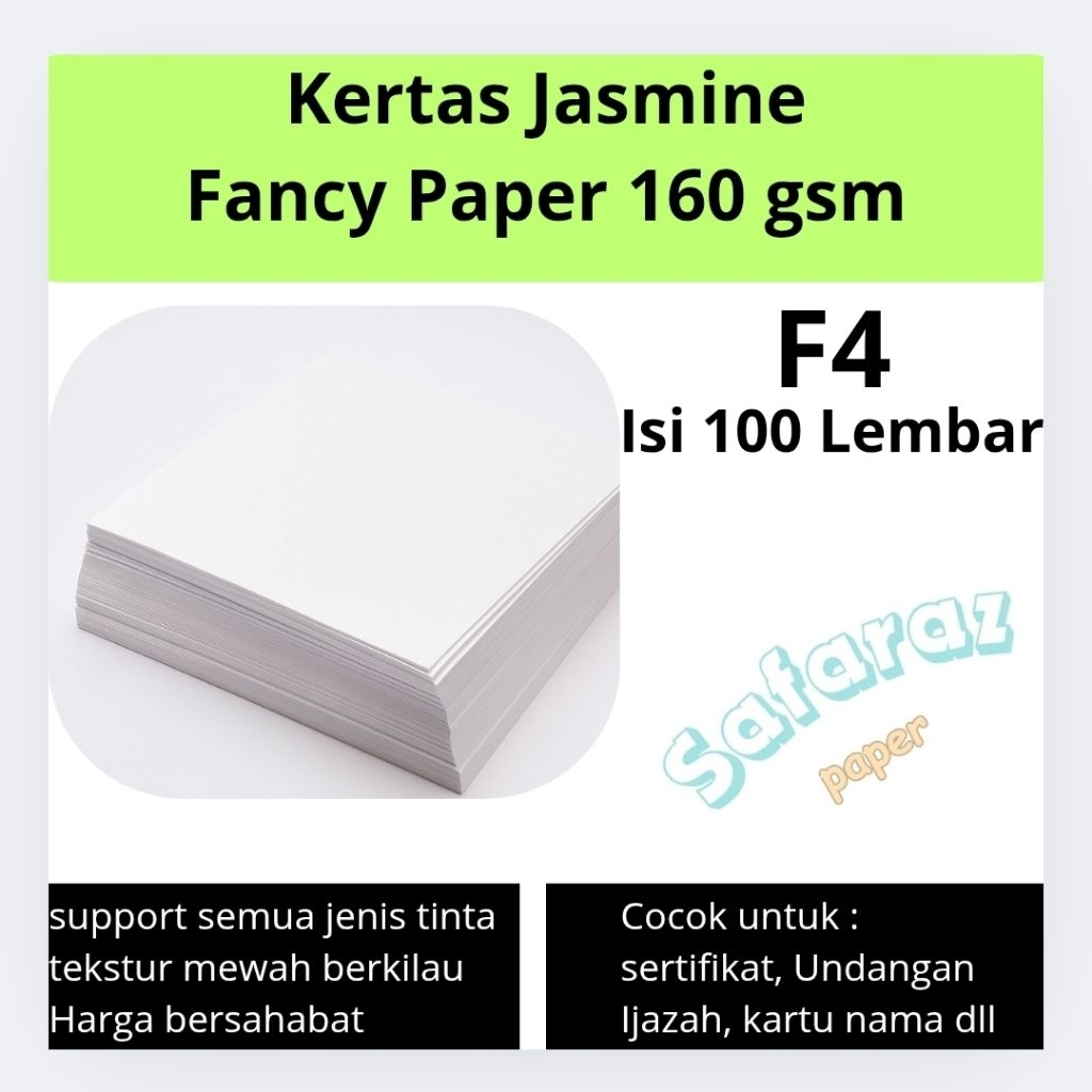 

Kertas Jasmine Premium 160 GSM F4 Isi 100 Lembar | Putih Mengkilap — Cocok Untuk Undangan, Sertifikat