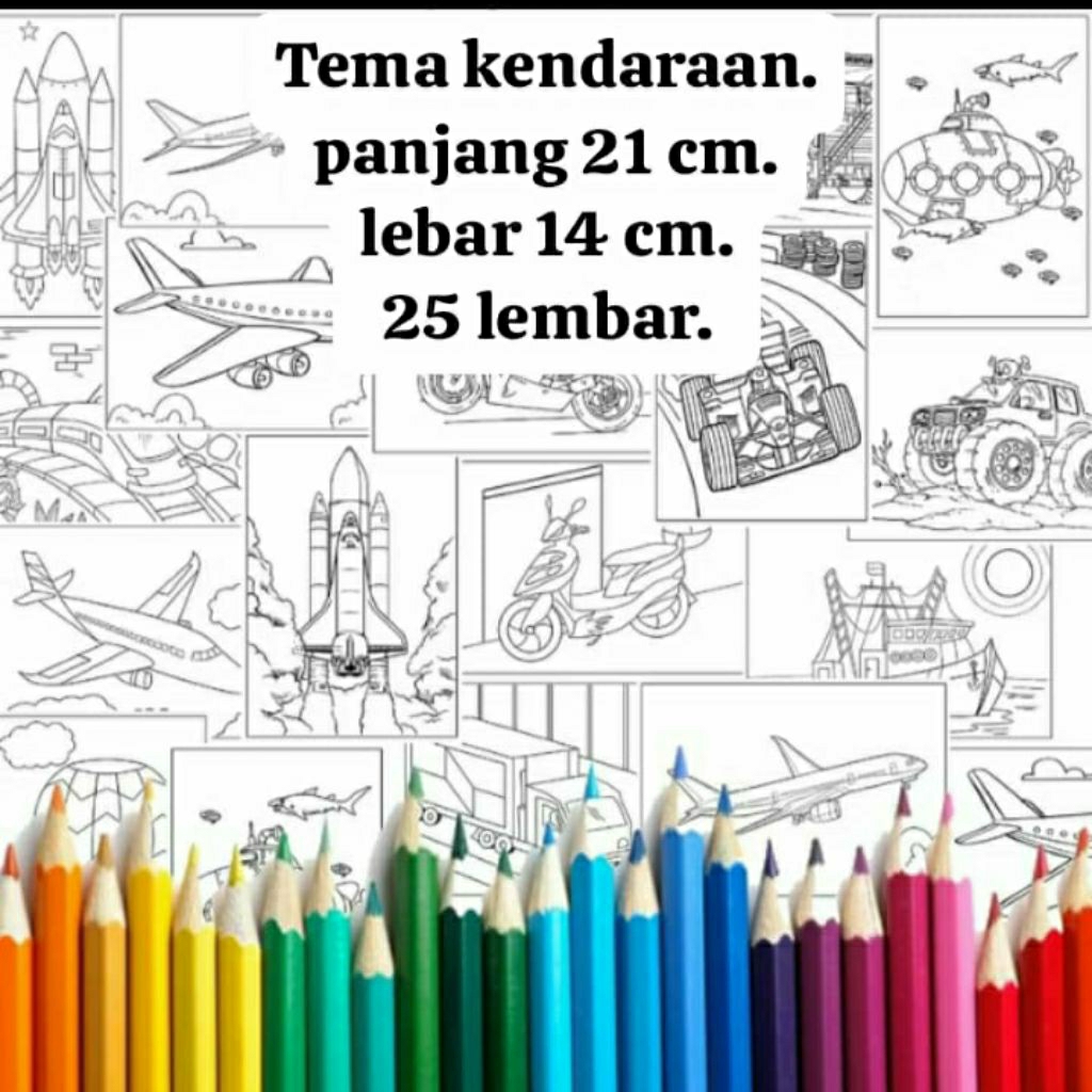 

25lembar kertas mewarnai gambar tema kendaraan ukuran 21x14 cm