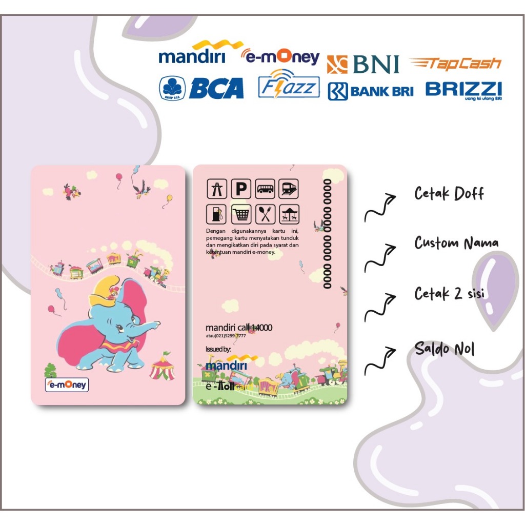 Emoney Etoll Custom Anime Dumbo Gajah Cute Kartu Mandiri E-money Flazz Tapcash Brizzi Saldo Nol - 2 