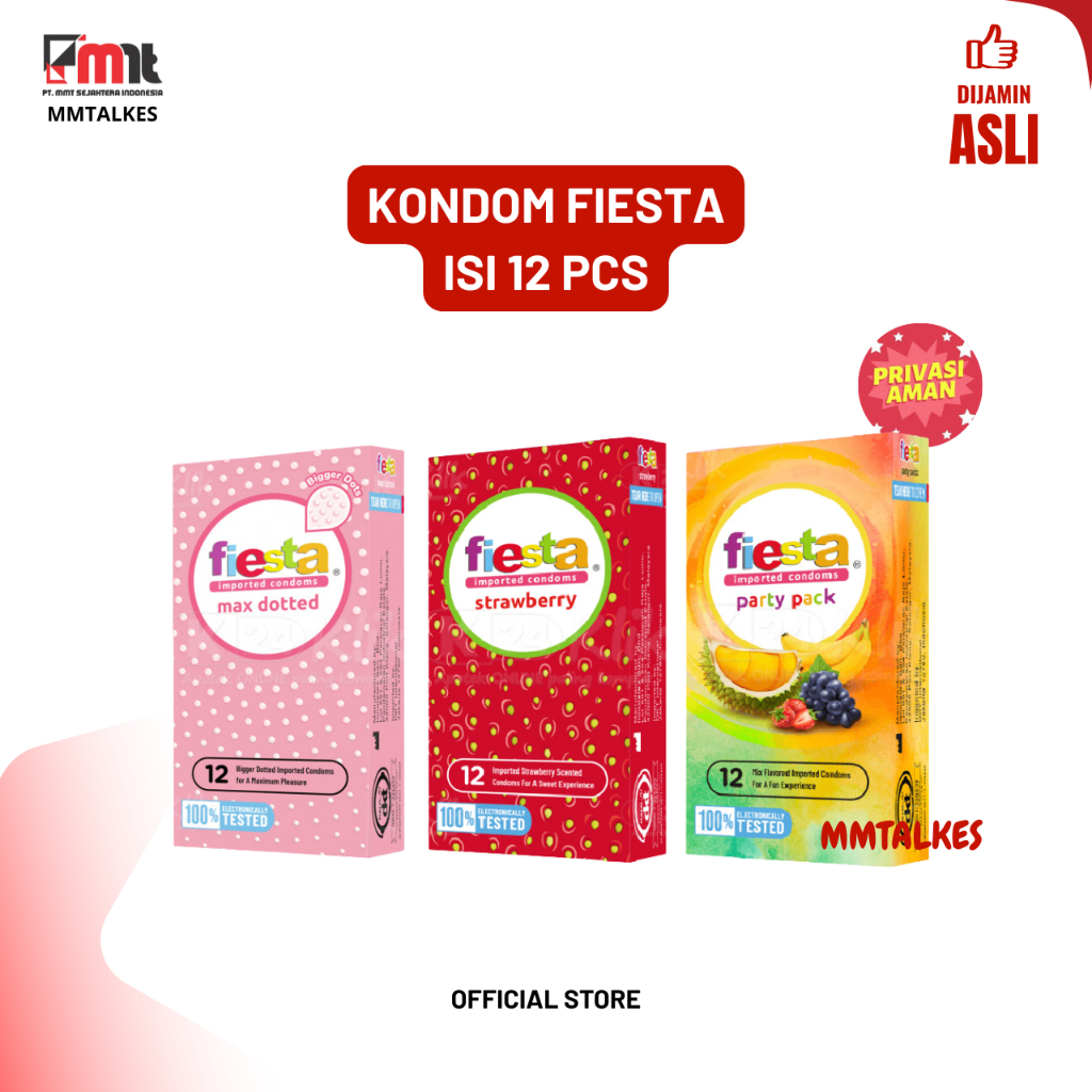 Kondom Fiesta Isi 12 Sachet Rasa Max Dotted, Party Pack, Strawberry / Kondom Bergerigi / Condom Rasa