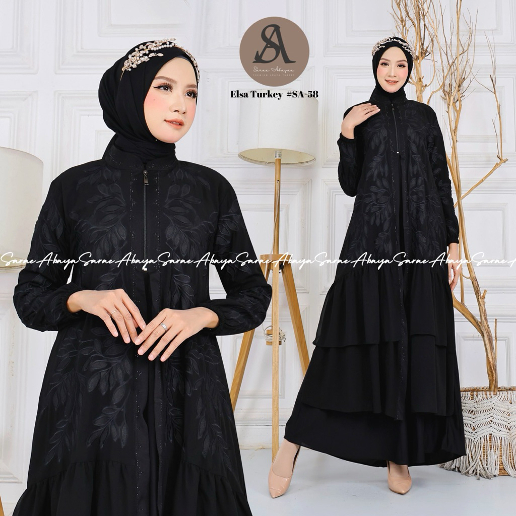 Sarae Abaya Turkey Premium Elsa SA 58 Gamis Bordir Payet Ceruty Turki Hitam Mewah Elegan Ceruti