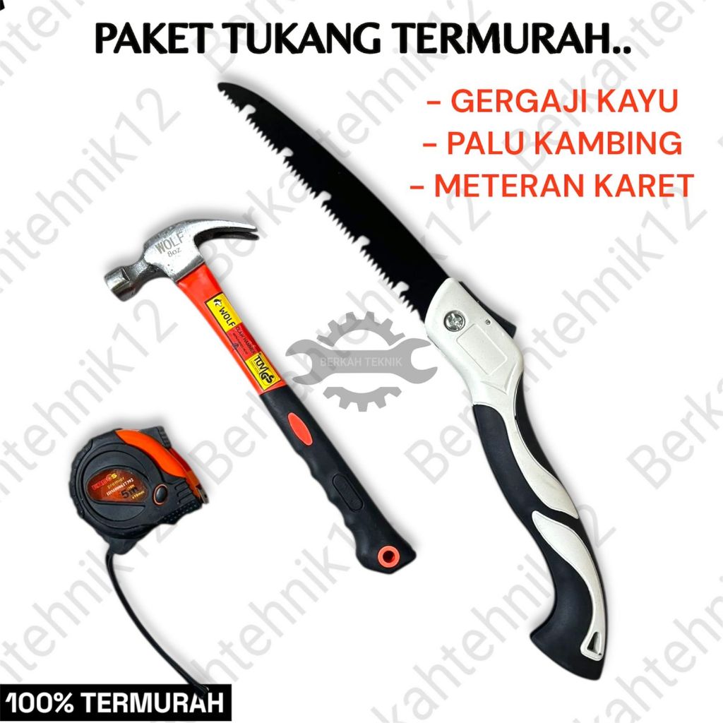 TERBARU Paket Hemat Alat Pertukangan Isi 3 - Gergaji Kayu Lipat 210cm, Palu Kambing 8oz, Meteran