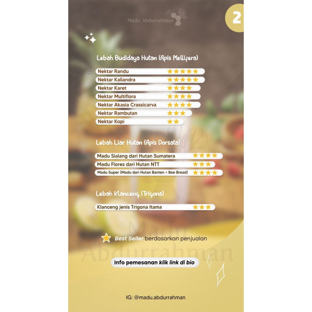 

Madu Abdurrahman Randu | Kaliandra | Akasia | Karet | Multiflora | Rambutan | Kopi | Klanceng | Kelulut