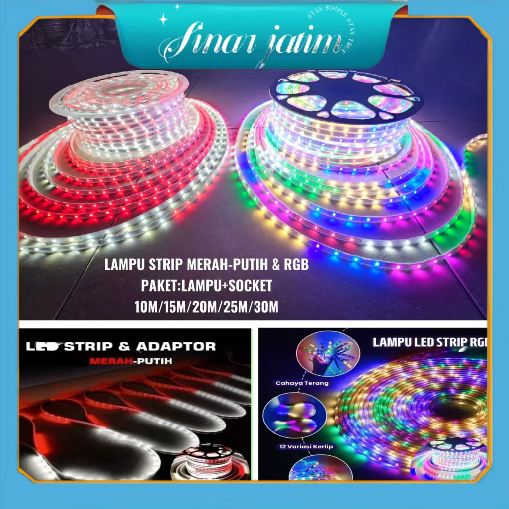 Lampu LED Strip Selang paket RGB 3528 2835 220V + Adaptor 15M/20M/25/30M Outdoor Led Strip Agustus L