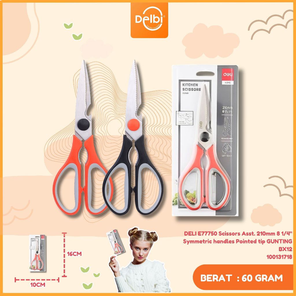 

Deli Gunting Dapur 210mm Pegangan simetris Ujung runcing 2 warna E77750 Scissors Asst. 210mm 8 1/4" Symmetric handles Pointed tip GUNTING BX12
