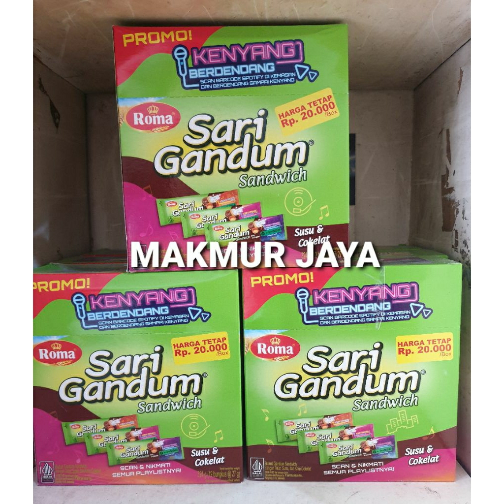 

SARI GANDUM BISKUIT SANDWICH ROMA SUSU DAN COKELAT ( 1 Kotak isi 12 pack)