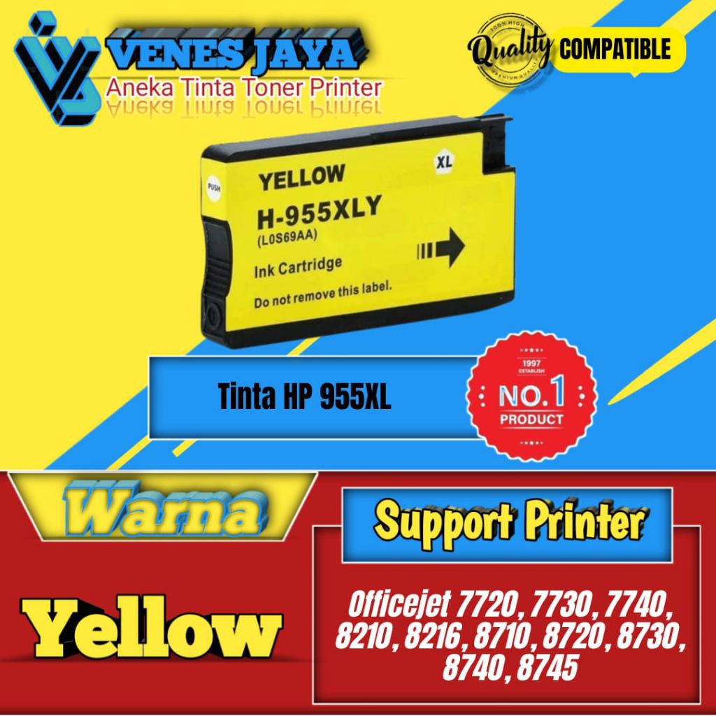 Cartridge Tinta Compatible HP 955XL 955 XL Yellow Printer Officejet 7720, 7730, 7740, 8210, 8216