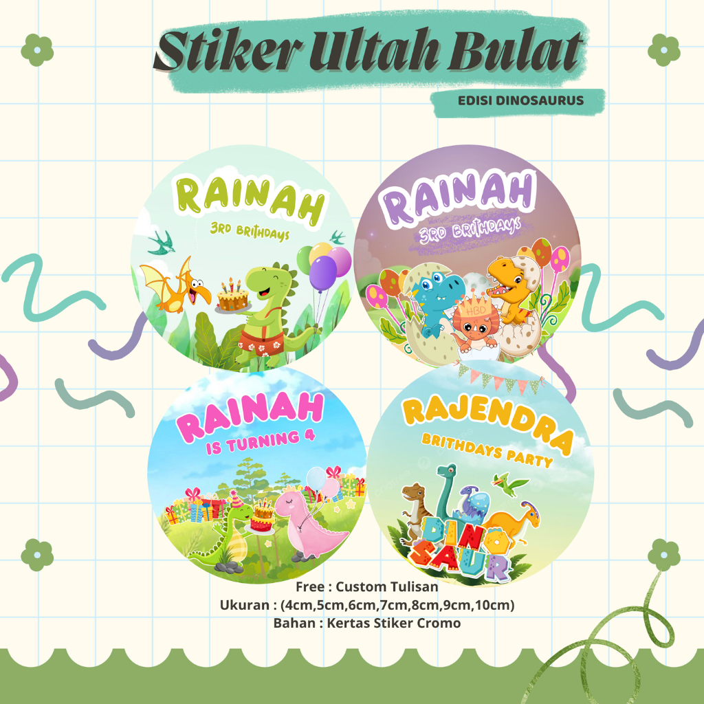 

(60pcs) Stiker Ulang Tahun Custom I Stiker Ulang Tahun Anak Edisi Karakter Dinosaurus I Stiker Ultah Bulat Hampers Bento