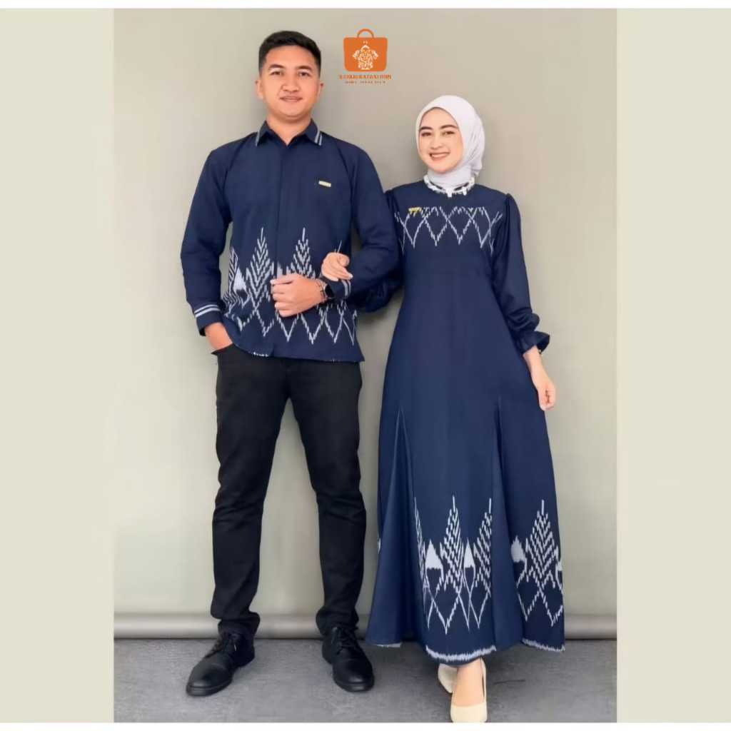 Outfit Couple Tenun Kinanti Navy – Set Kemeja & Gamis Elegan untuk Lebaran, Kondangan, lamaran