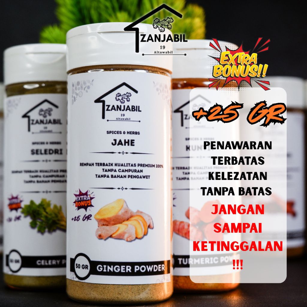 

Zanjabil Jahe Bubuk Organik 50gr + Gratis 25gr - Bumbu Masak & Herbal Penghangat Badan Alami