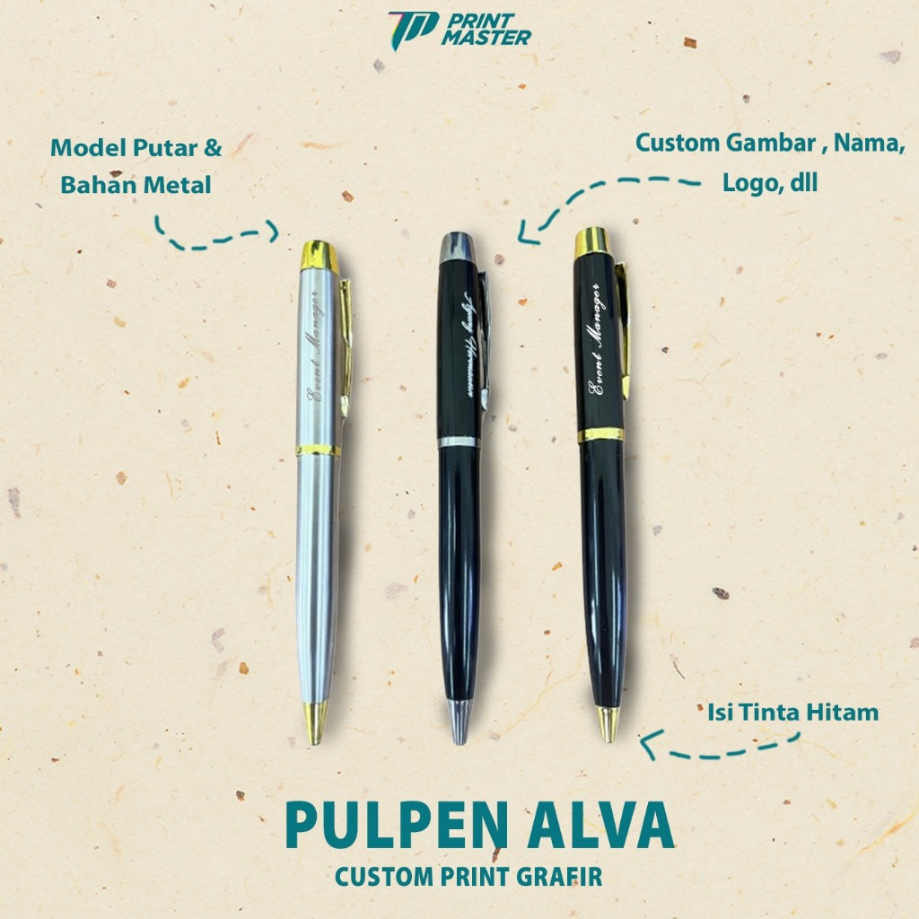 

Custom Pulpen / Pena Alva Souvenir Promosi Metal Putar Cetak Laser Grafir