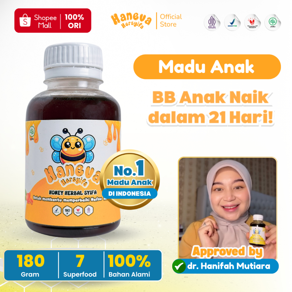 

HANEVA HERSYIFA - Madu Anak Penambah Nafsu Makan - 2 Thn Keatas | BPOM dan Halal MUI - 180 Gr