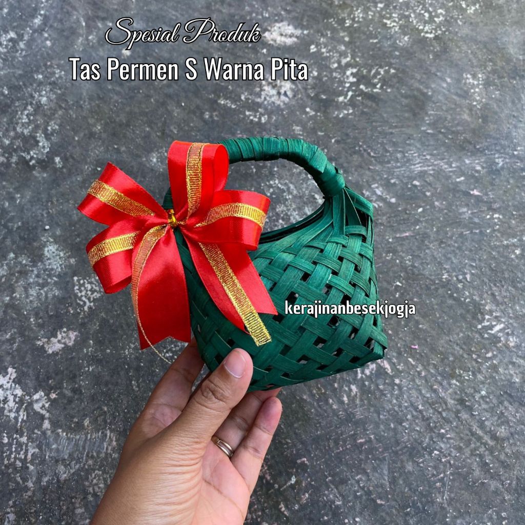TAS PERMEN S 8CM WARNA PITA | tas anyam tas bambu mini