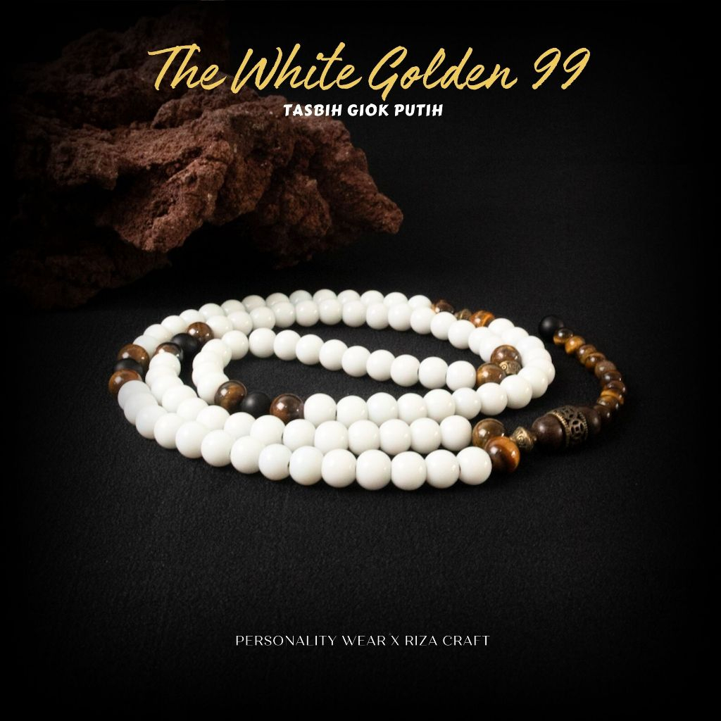 GOLDEN WHITE JADE - Tasbih 99 Butir Kecil Cantik Premium Batu Alam Giok Putih Kombinasi Tiger Eye On