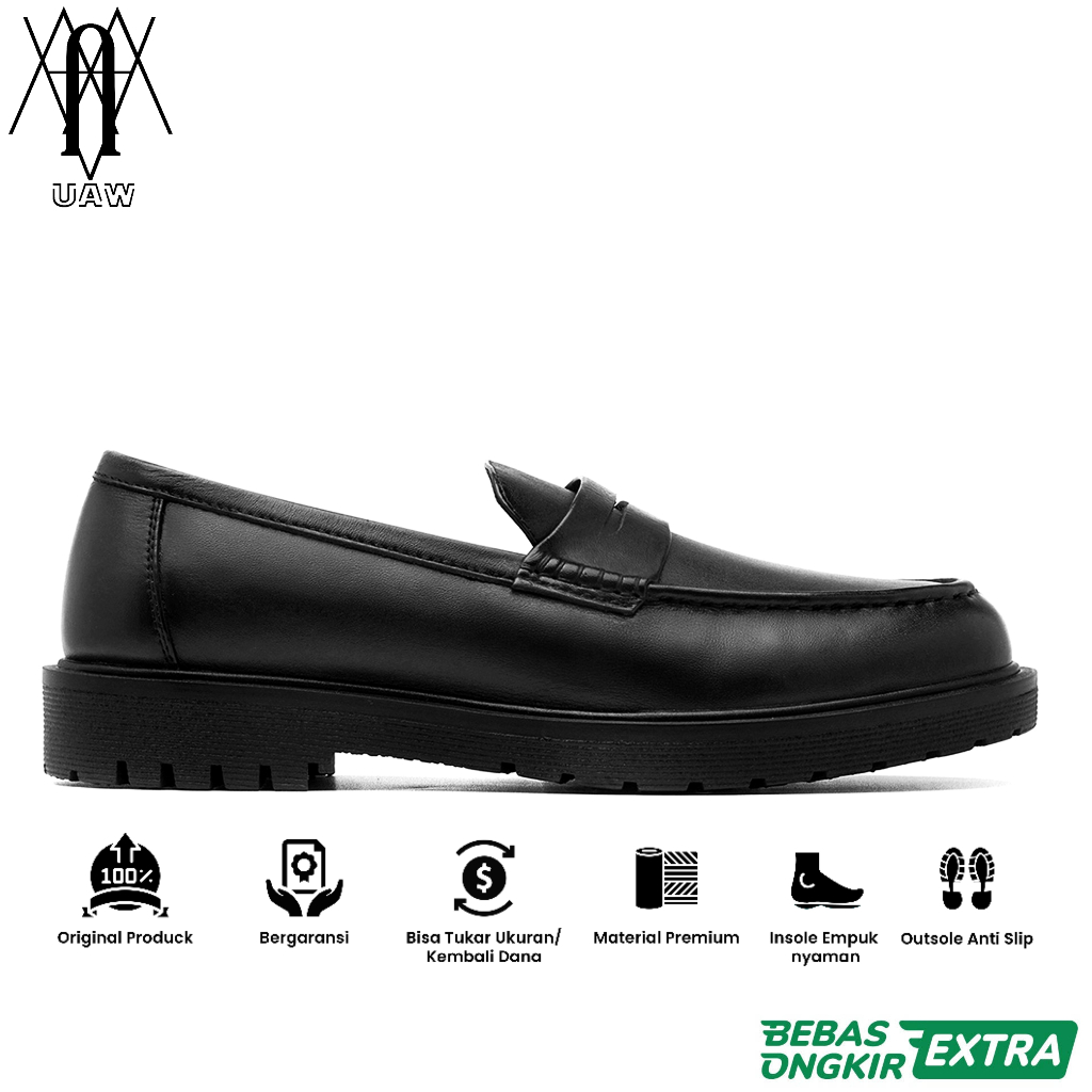 KENZIOS Garansi 100% Ori | SEPATU KENZIOS KARN BLACK - Sepatu Loafers Pria Kulit Sapi Hitam Slip On