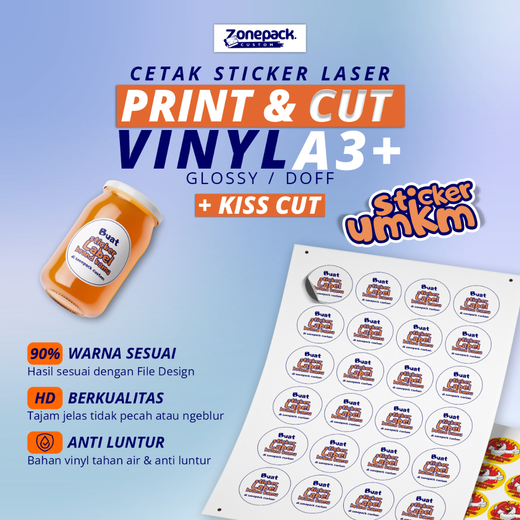 

Cetak Sticker Custom Vinyl | KISS CUT (Setengah Putus) | Label Makanan Minuman | Zonepack Custom