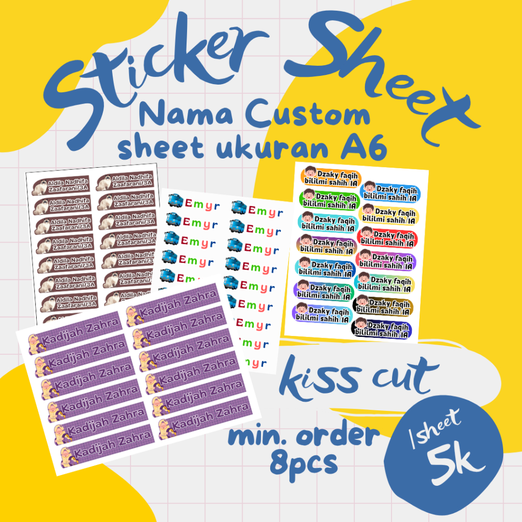 

Sticker Sheet Costum Nama A6 Cromo/Vinyl Kisscut/Halfcut Sticker Label