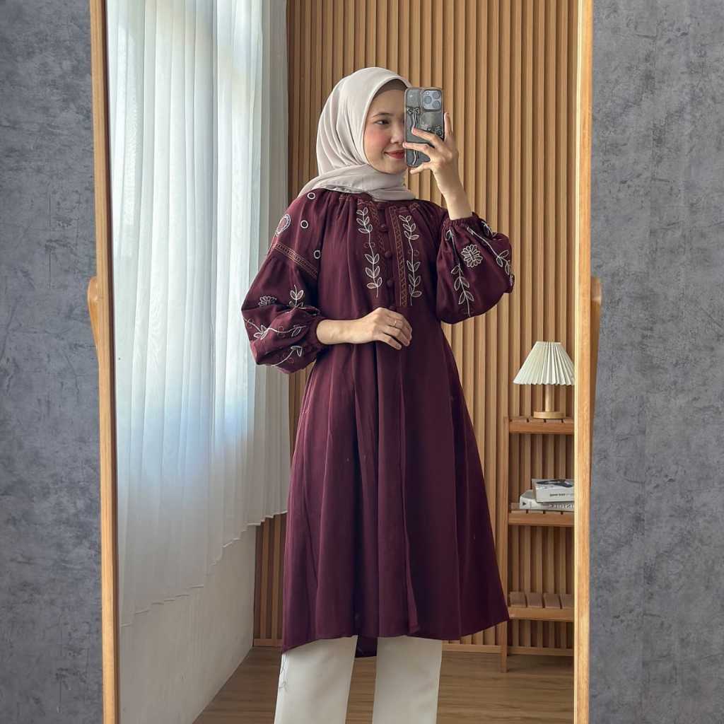 COD Sakura Tunik / Tunik Linen Bordir Atasan Premium Quality Wanita Pakaian Casual Mewah Perempuan