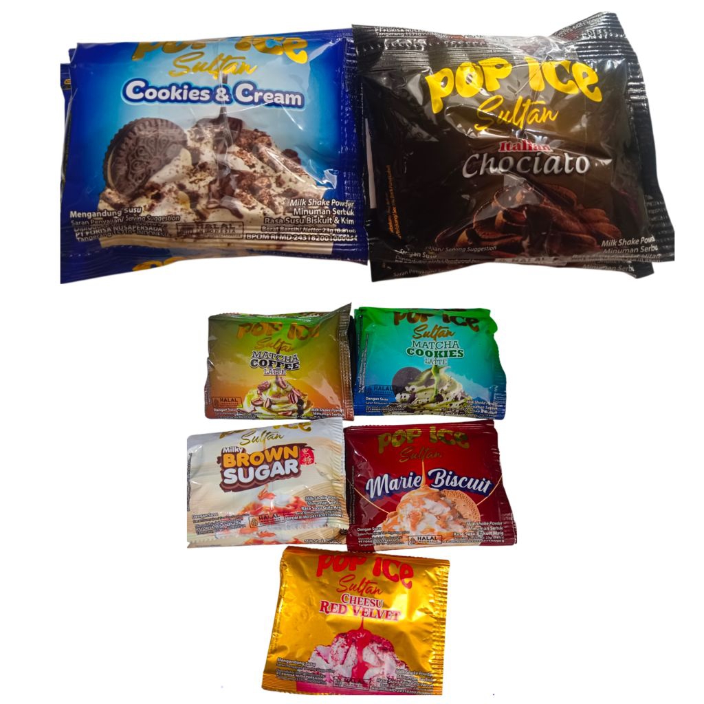 

Pop ice sultan milk shake minuman serbuk 1 renteng isi 10 pcsVarian- matcha coffee latte- matcha cookies latte- marie biskuit - milky brown sugar - cheese red velvet - cookies & cream - italian chocolate