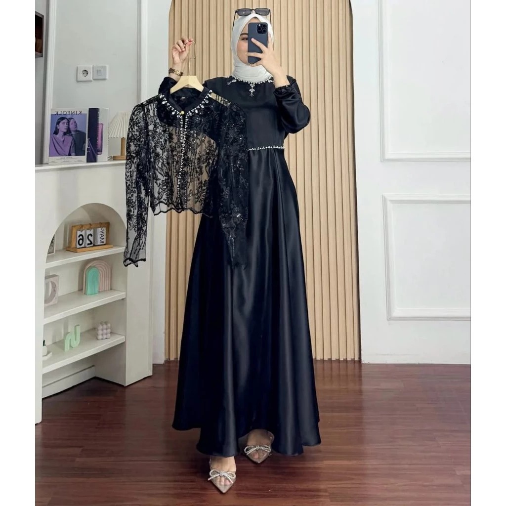 Gamis Pesta Mewah Sakura Dress BO Size M L XL XXL XXXL Bahan Silk Premium Mix Brukat Aplikasi Payet 