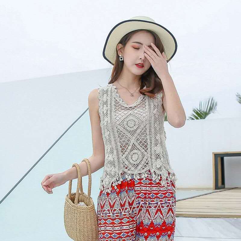Tank top rajut crochet wanita motif tribal tanpa lengan model crop boho vintage
