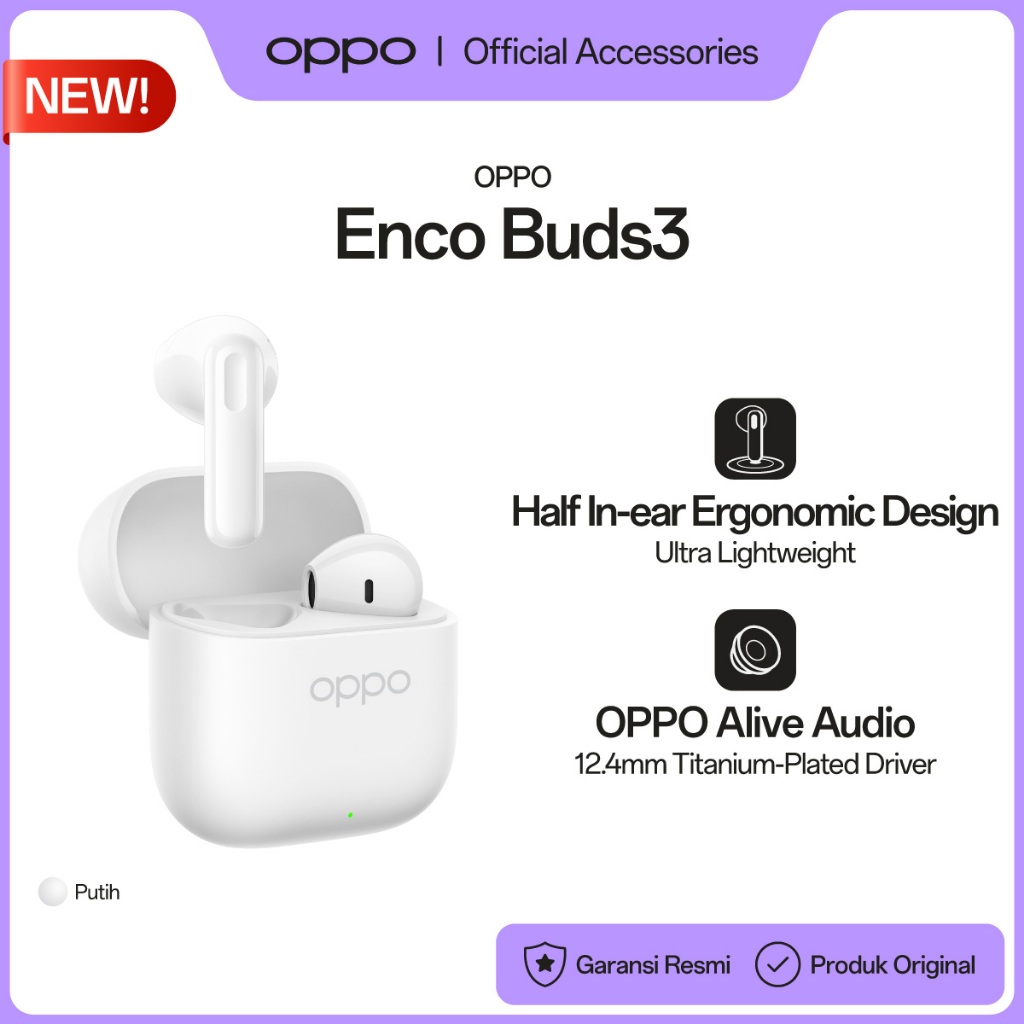 [BARU] OPPO Enco Buds3 True Wireless Earbuds Snow White [Half In-ear Ergonomic Design, 48 Hours Long