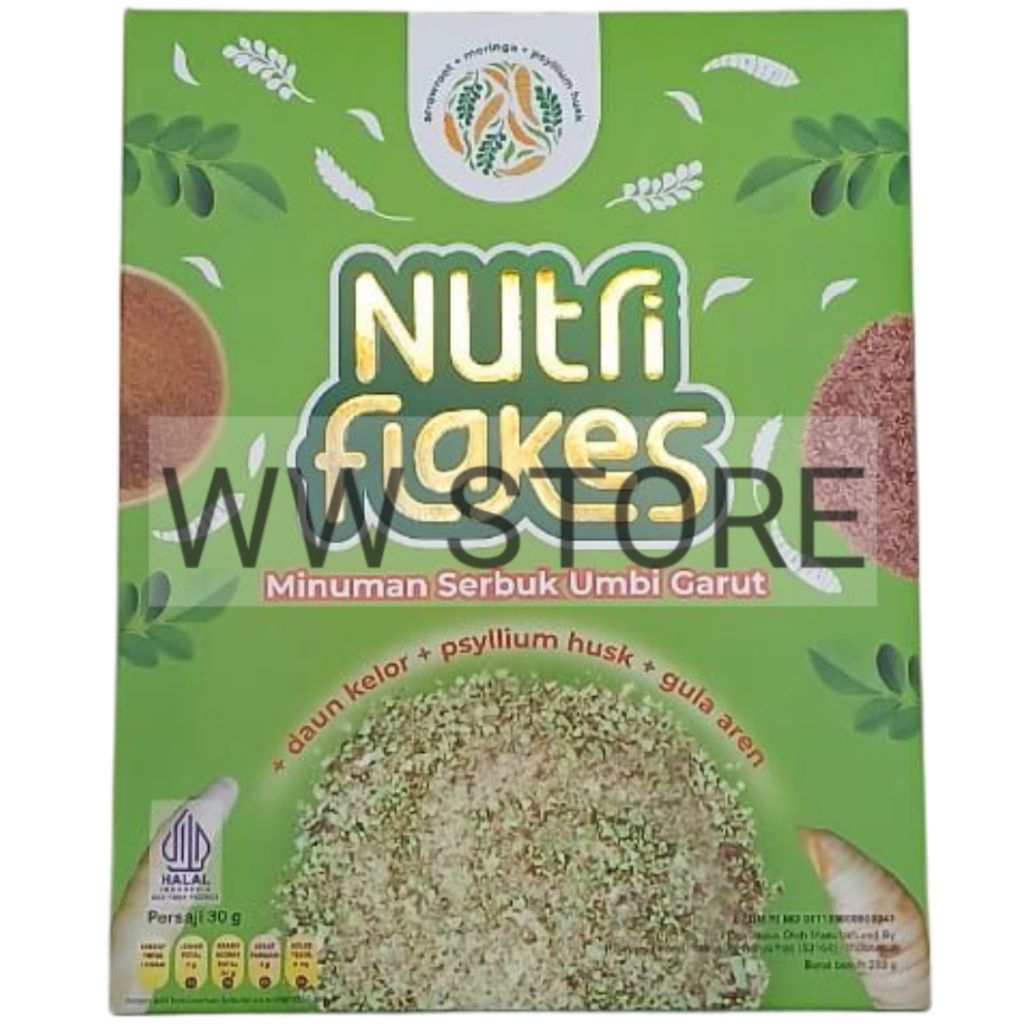 

Minuman serbuk umbi garut daun kelor psyllium husk gula aren halal MUI Nutriflakes Nutri flakes arrowroot moringa psyllium husks 280g