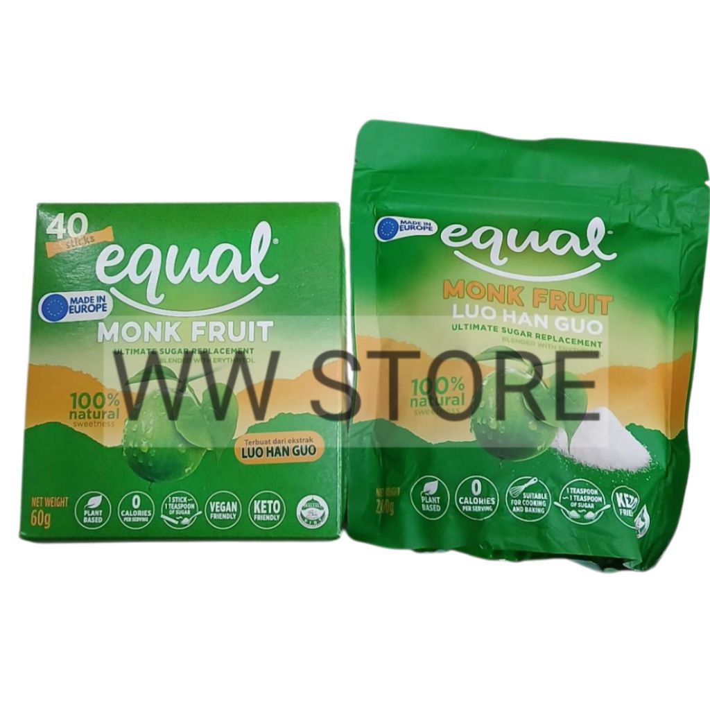 

Sediaan pemanis alami ekstrak buah LUO HAN GUO KUO bebas energi 0 kalori PLANT BASED VEGAN KETO FRIENDLY equal MONK FRUIT ULTIMATE SUGAR REPLACEMENT BLENDED WITH ERYTHRITOL Zero Calories sweetener kemasan kotak box 60g ( 40 stik sticks x 1.5g ) pouch 200g