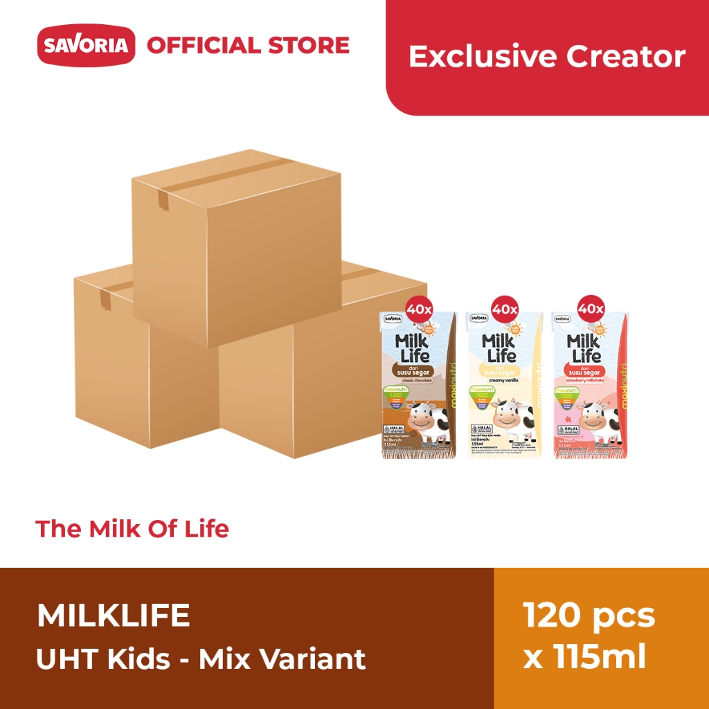 

[Exclusive Affiliate] MilkLife UHT Kids Mix Variant 3 Karton - Susu Rasa Coklat, Vanilla, Strawberry 120 Pcs x 115ml