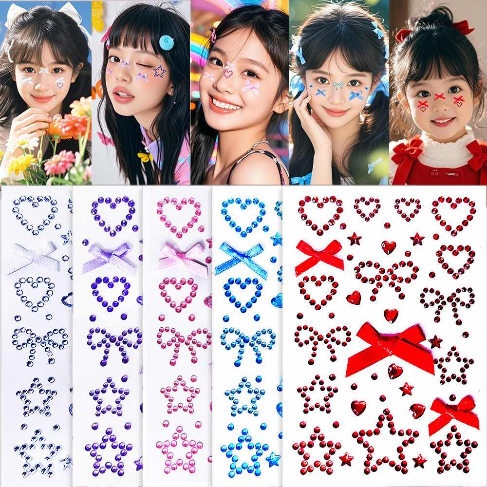Stiker berlian cinta wajah bintang lima pita dekorasi wajah / riasan wajah / stiker mata berlian