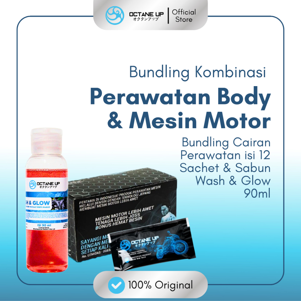Penghemat Bbm motor 1 Box isi 12 Sachet Dan Sabun Cuci Motor Wash & Glow 90ml