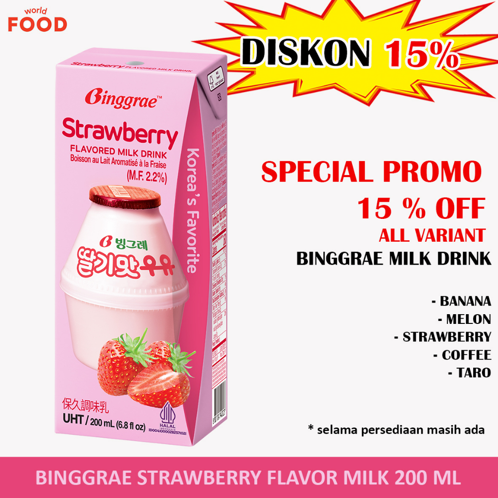 

BINGGRAE STRAWBERRY FLAVORED MILK DRINK 200ML ~^ SPECIAL PROMO DISKON 15% ^~
