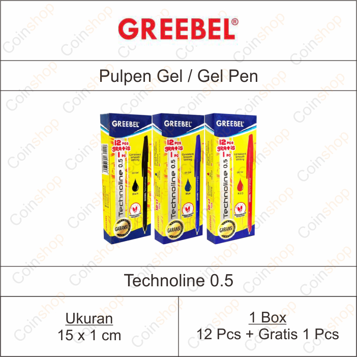 

1 Box Greebel Technoline Pulpen Gel Ballpoint Pena 0.5 Isi 12 Pcs Gratis 1 Pcs