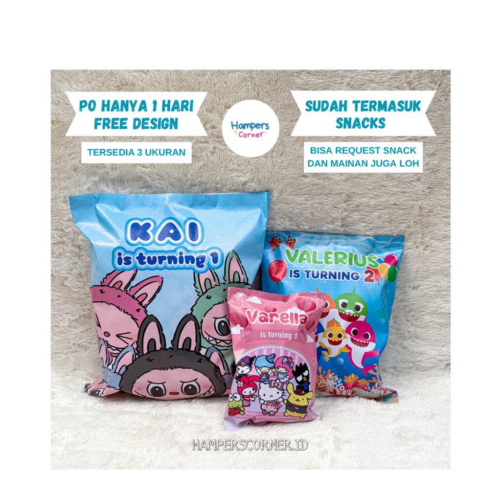 

Pouch Hampers Anak Ulang Tahun Souvenir sudah termasuk Snack PO 1 HARI Free Design Kantong Bingkisan Unik Idul Fitri Natal Imlek