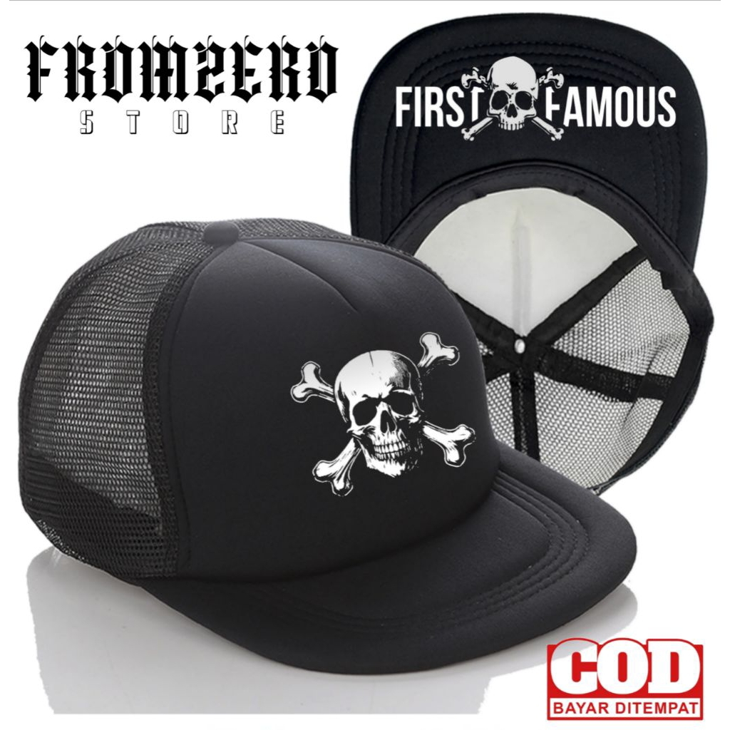 Topi Snapback Jaring Distro / Topi Snapback Trucker - Topi  Logo FIRST  FAMOUS V2