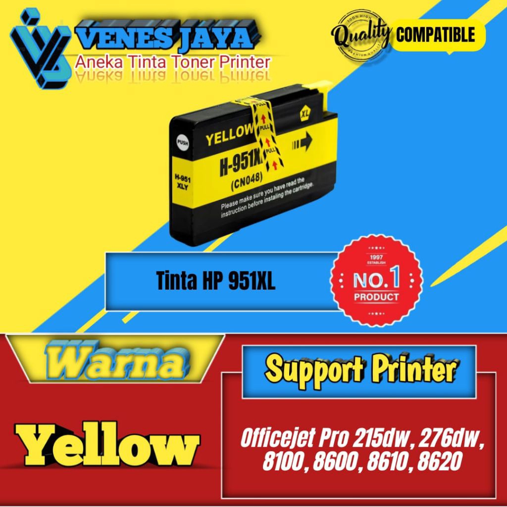 Cartridge Tinta Compatible HP 951XL 951 XL Yellow Printer Officejet Pro 215dw, 276dw, 8100, 8600