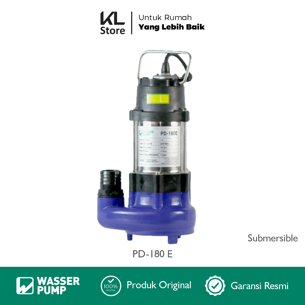 WASSER POMPA CELUP AIR KOTOR & AIR BERSIH PD-180E / Submersible Pump / Untuk Kolam dan Sumur Dangkal