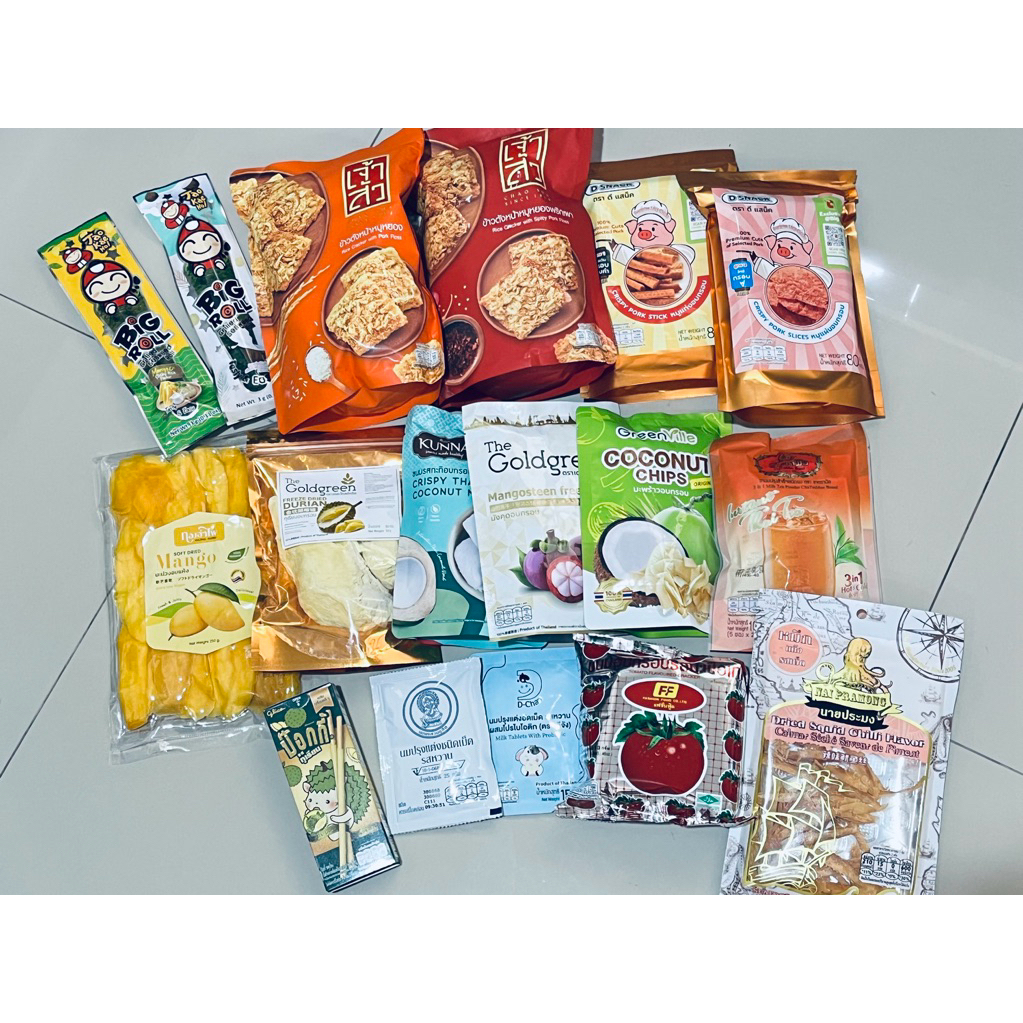 

Jastip Thailand snack oleh oleh makanan cemilan hand carry dari Thailand jasa titip pocky rice cracker pork floss milk tablets dried durian dried mango crispy coconut milk kunna dried squid