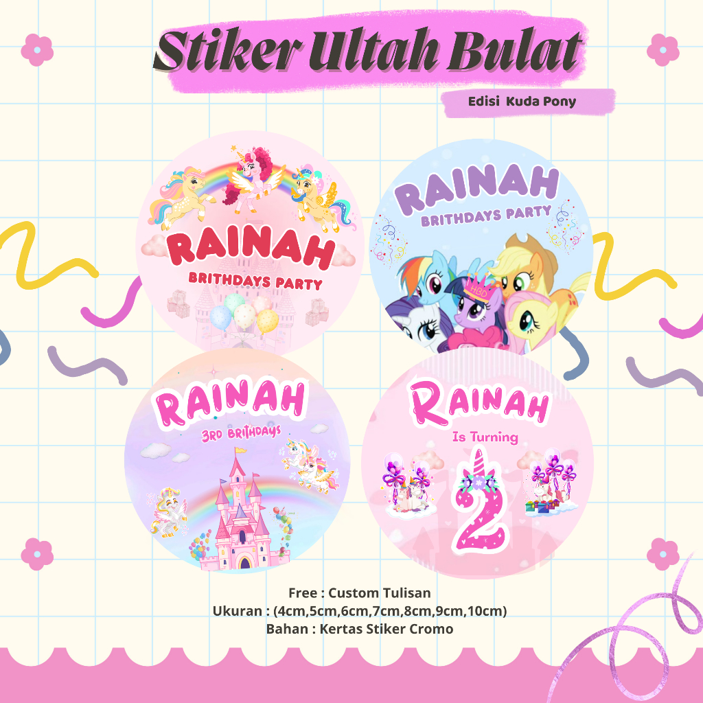 

(60pcs) Stiker Ulang Tahun Custom I Stiker Brithdays Kuda Pony I Stiker Hampers Ultah Anak My Little Pony