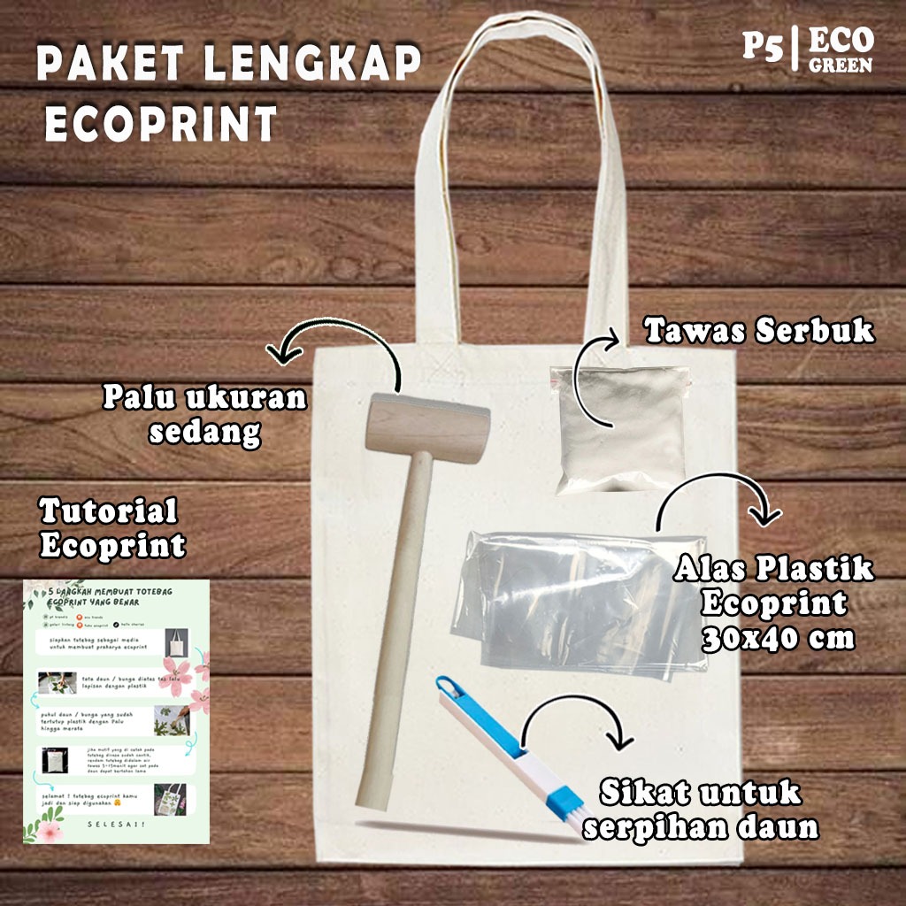 Paket Ecoprint Lengkap Tas Tote bag Putih Polos,alas plastik ecoprint, tawas, palu dan sikat ecoprin
