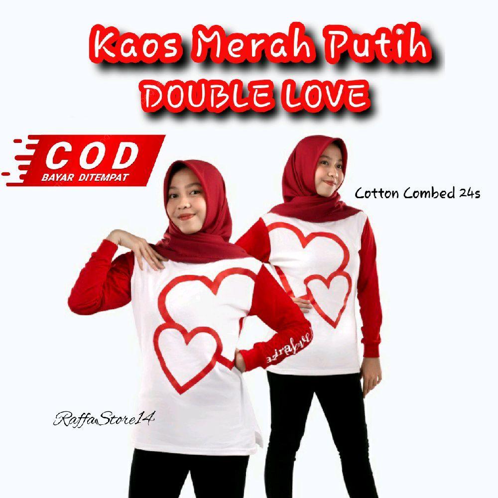 Kaos Merah Putih Baju Lengan Panjang Motif Double Love // Kaos Viral Lengan Panjang Merah Putih // B