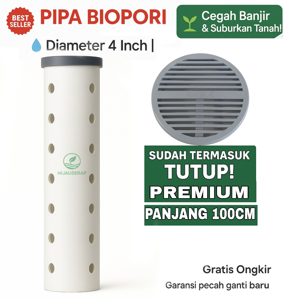 Pipa PVC + Tutup Premium Biopori 4 Inch 100cm / Tutup Biopori