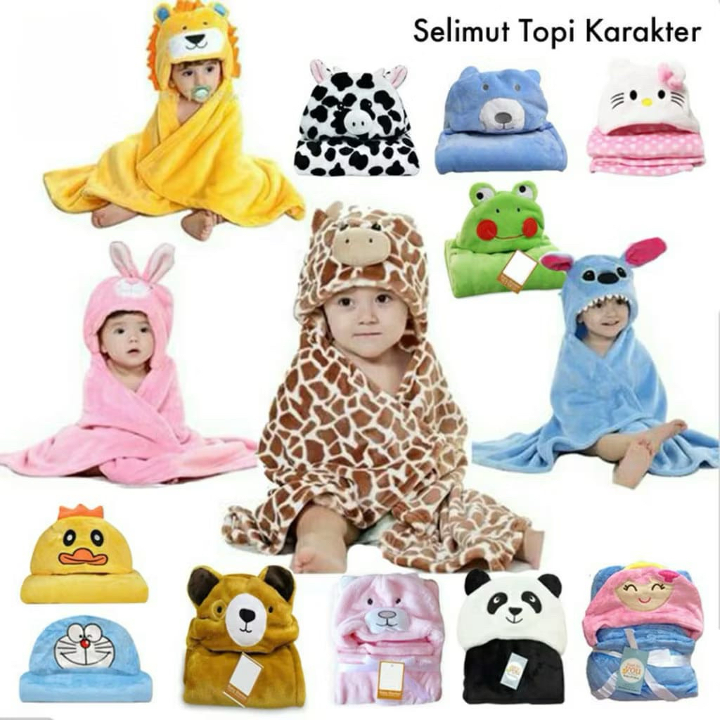 Selimut Bayi Topi Karakter Bedong Fleece Boneka Alfaridzy Babyshop