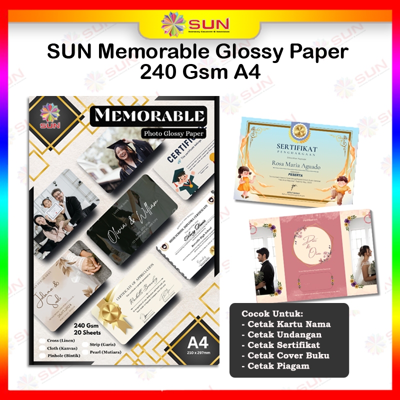 

Kertas Undangan / Sertifikat - SUN Memorable Glossy Paper Single Side 240 Gram Cloth (Kanvas) / Cross (Linen) / Pearl (Mutiara) / Strip (garis) / Pinhole (bintik)