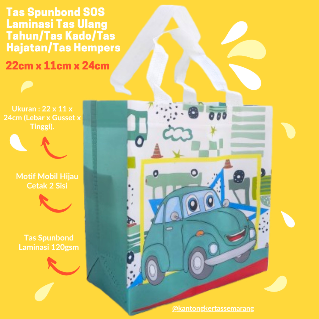 

Tas Spunbond Laminasi 22x11x24 Motif Mobil Hijau tas ulang tahun/tas kado/tas hajatan/tas hempers