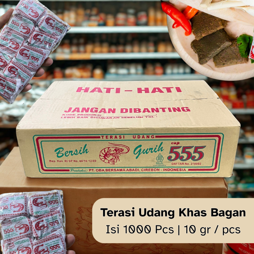

GROSIR TERASI UDANG KHAS BAGAN CAP 555 | 1 Box = 10 kg, Isi 1000 pcs | 10 gr / pcs