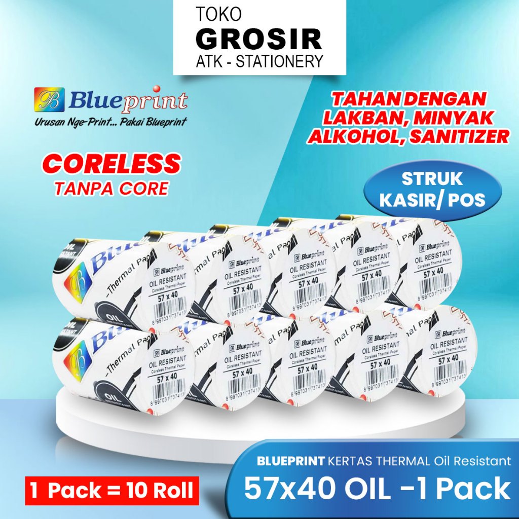 

(PACK) 57x40 Oil Kertas isi 10 Roll Struk TAHAN LAKBAN BLUEPRINT Thermal Oil 57x40 mm