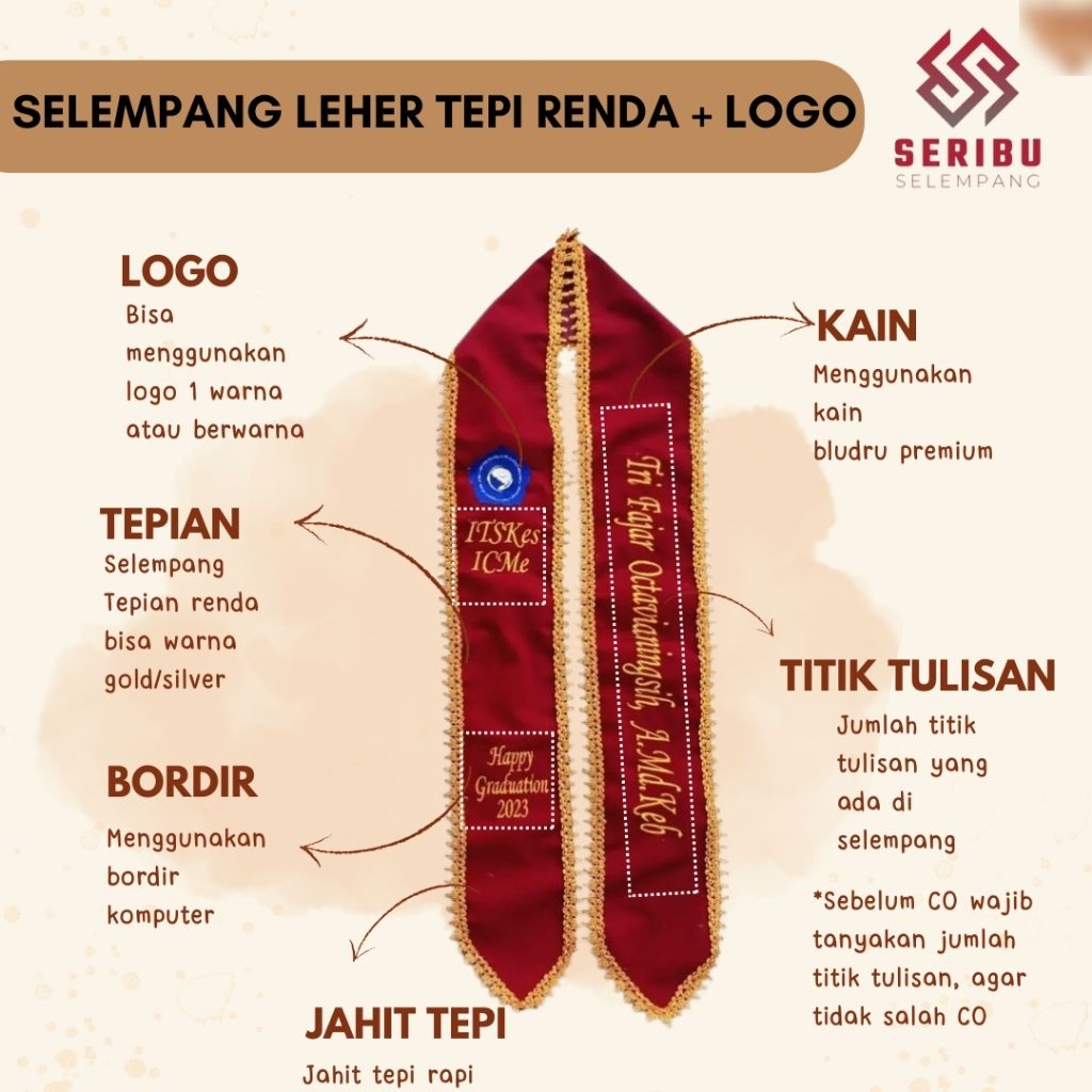 [KILAT 1 HARI JADI] Selempang leher tepi renda + Logo/Selempang leher + logo /Selempang leher wisuda
